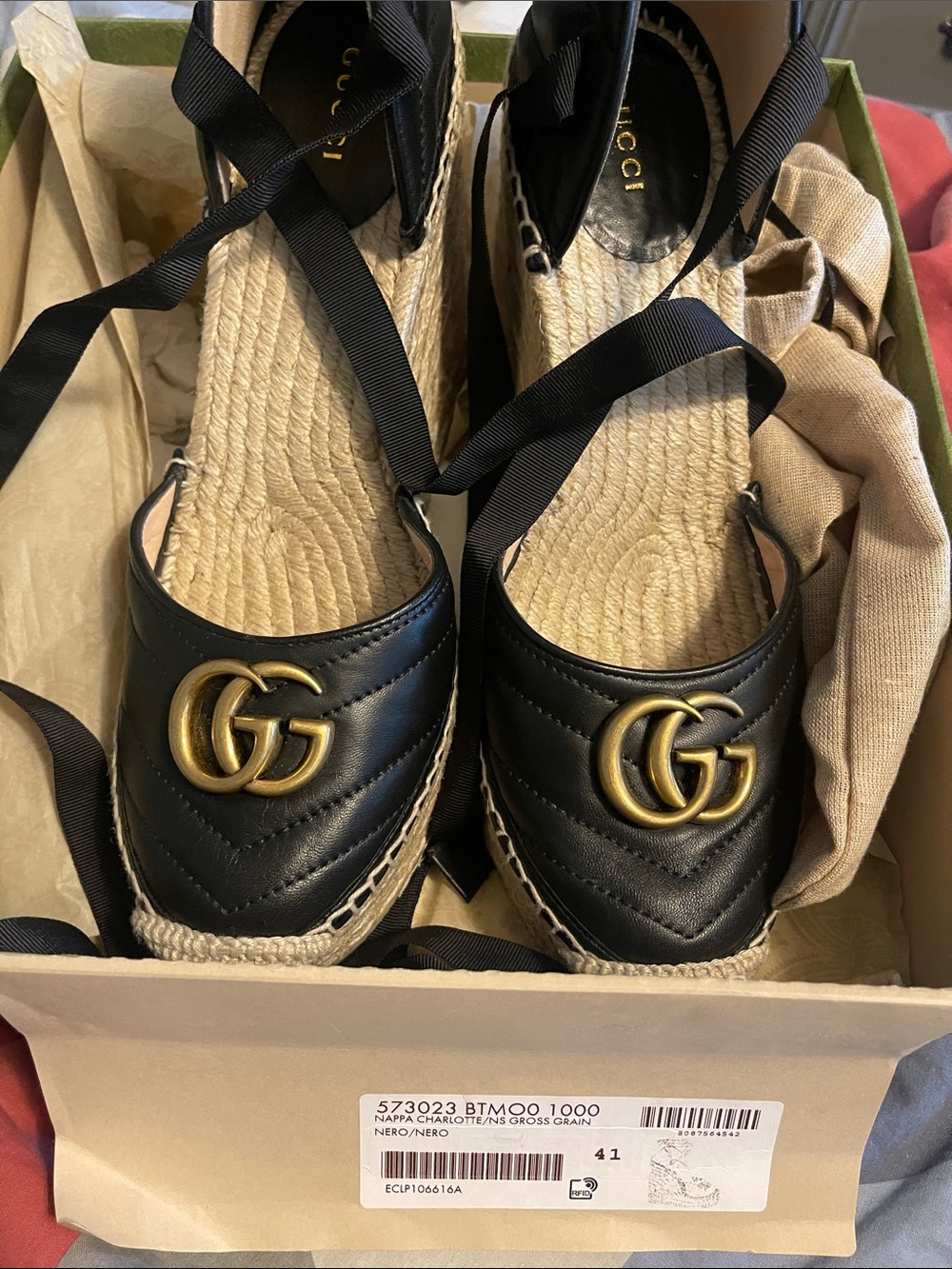 Gucci Black Quilted Leather Espadrille with Gold Double G